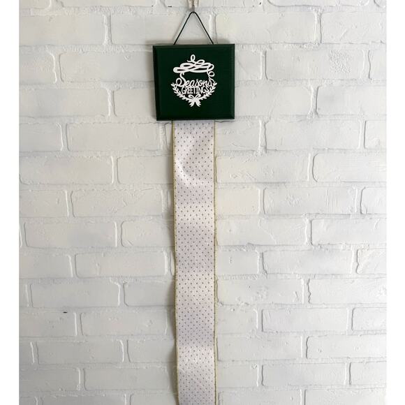 Seasons Greetings Holiday Card Holder Green Wooden Topper Gold Sparkle Ribbon - Picture 2 of 6